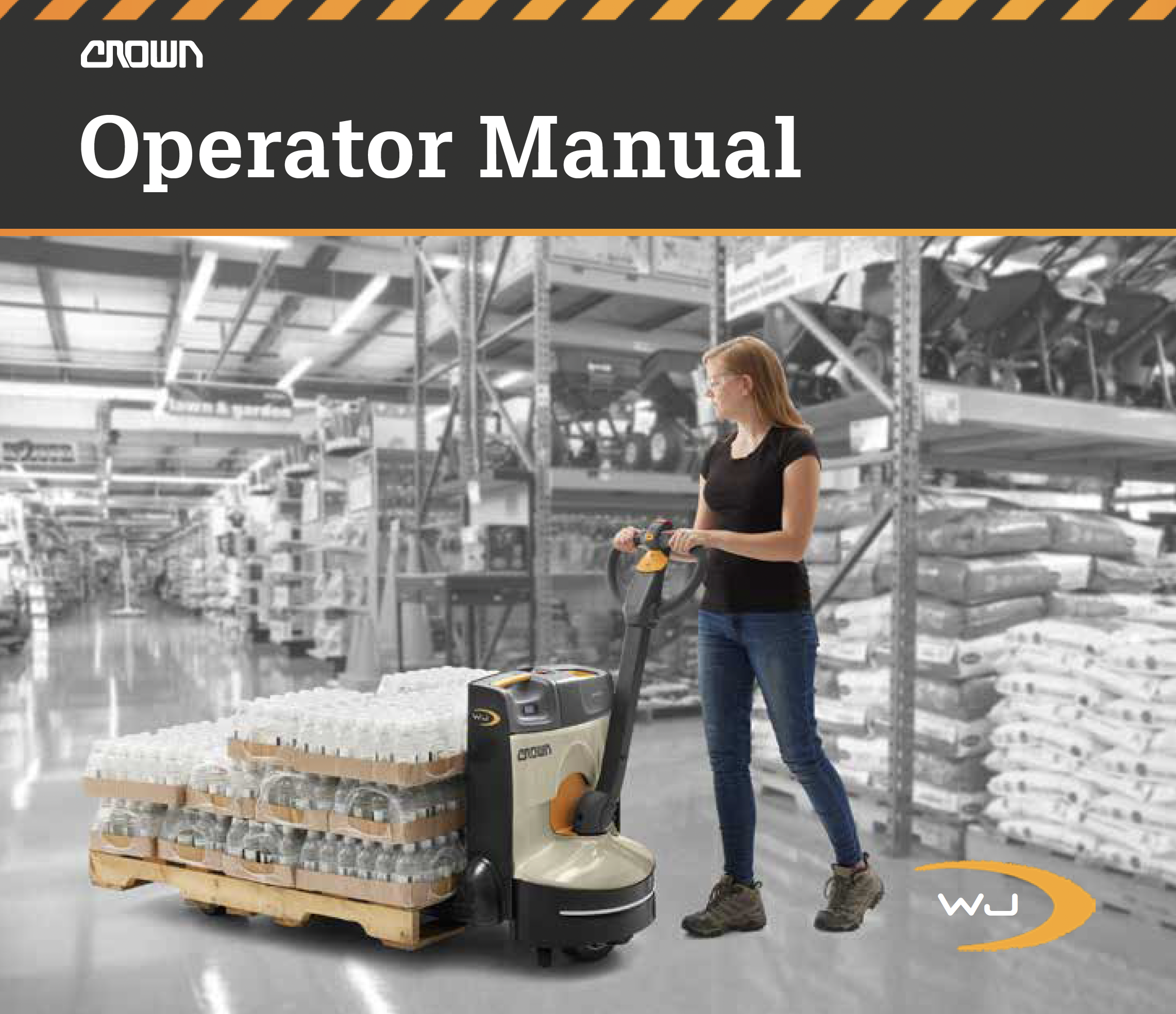 Operator using Crown WJ walkie pallet truck in warehouse